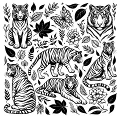 tiger animal line art set