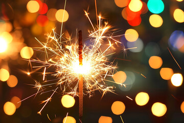 New Year's sparkler at night against a bokeh background. New Year and Christmas concept. Sylvester, New Year's party 2025. New Year. Fireworks. Holiday card with fireworks - sparklers and bokeh - obrazy, fototapety, plakaty