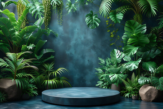 Background  Tropical Forest Podium, 3d Product Render Stand. Podium Stage Minimal Abstract Background Beauty Dreamy Space Studio Pedestal 