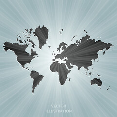 World map. Political map of the world on a bright, colorful background. Globe. Sun rays. Bright yellow, blue, red, orange, green color