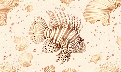 A pattern drawing with a lionfish. Simple drawing with a maritime motif. - obrazy, fototapety, plakaty
