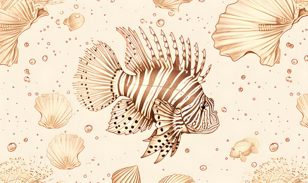 A pattern drawing with a lionfish. Simple drawing with a maritime motif.