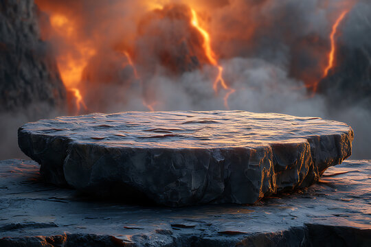 Background lava and stone podium,     3d product   render stand.   podium stage minimal abstract background beauty dreamy space studio pedestal 