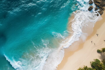 Top view of Tropical island palm tree beach, Overhead view, Aerial shot of a beach with nice sand, blue turquoise water.