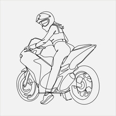 sexy woman with helmet sitting on sport motorbike. continuous single line drawing. editable stroke. vector illustration.