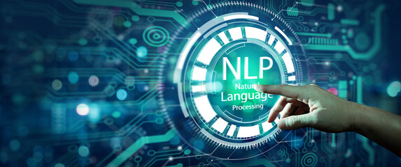 Businessman hand touching NLP hologram screen and technology background. Natural Language...