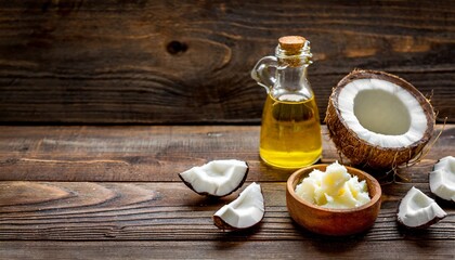 mct coconut oil concept coconuts butter and oil on wood background copy space