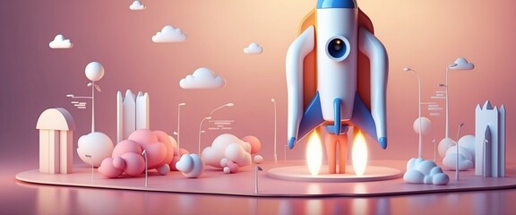 Digitally generated image. Isometric startup rocket, business. 3d illustration.