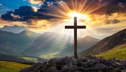 jesus christ cross easter resurrection concept christian cross on a background with dramatic lighting colorful mountain sunset dark clouds and sky and sunbeams