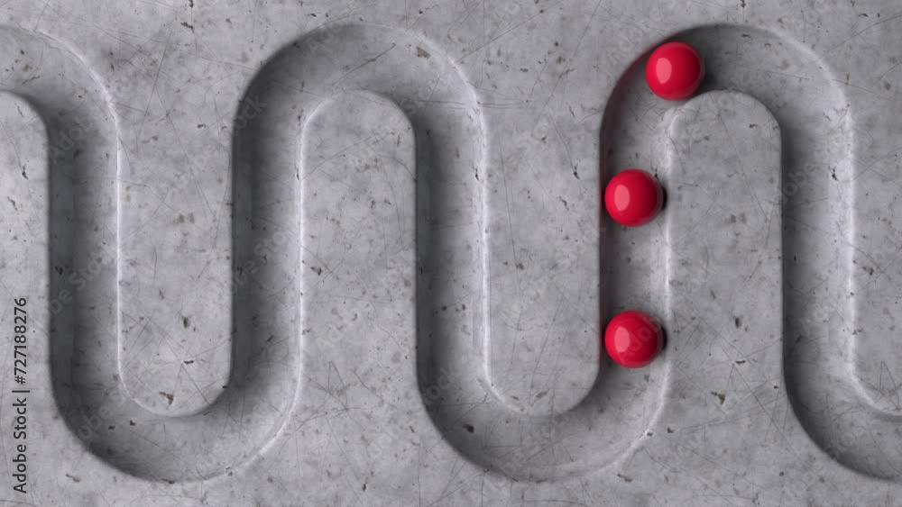 Poster Red balls rolling in geometry deepening on a marble background. Abstract cycled minimal animation. Smooth light, realistic dynamic. Loopable sequence. 3d animation, 4K