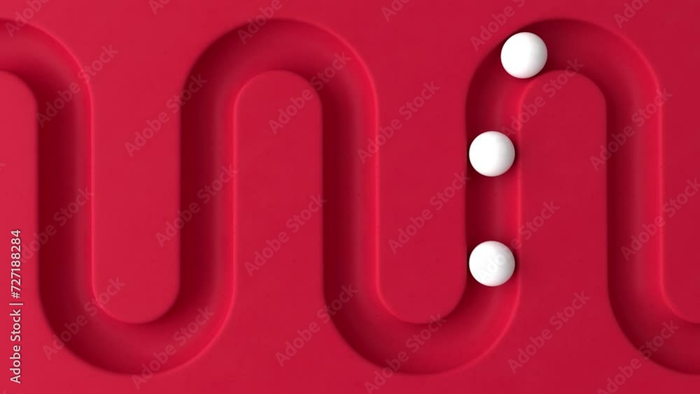 Poster White balls rolling in geometry deepening. Abstract cycled minimal animation. Smooth light, realistic dynamic. Loopable sequence. 3d animation, 4K