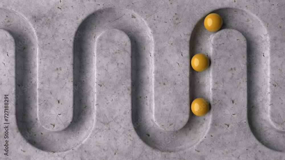 Poster yellow balls rolling in geometry deepening on a marble background. abstract cycled minimal animation
