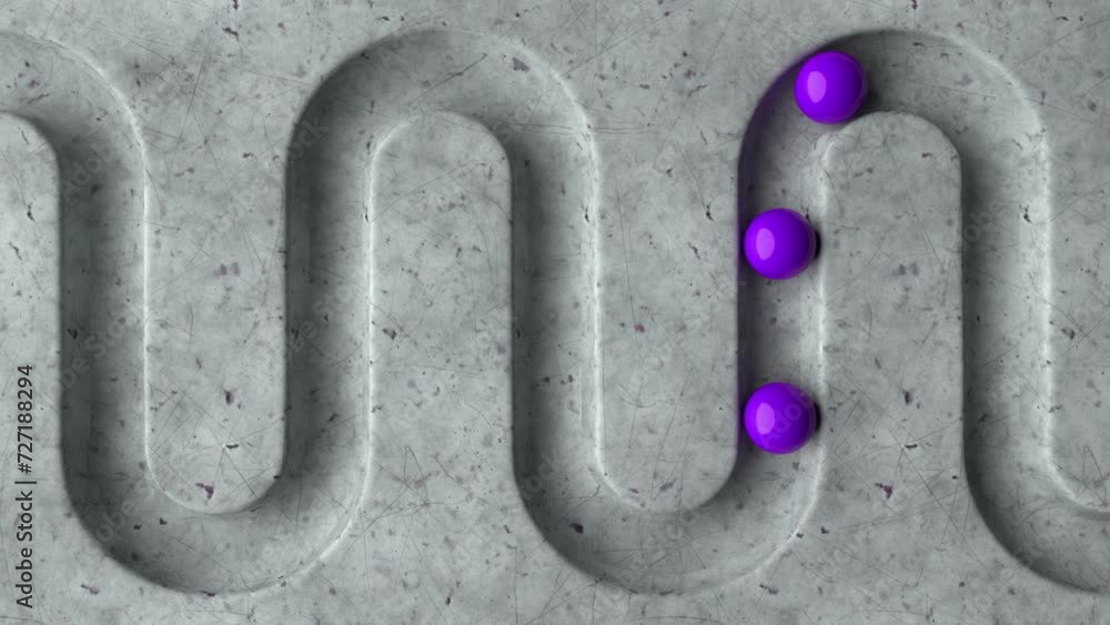 Poster purple balls rolling in geometry deepening on a marble background. abstract cycled minimal animation