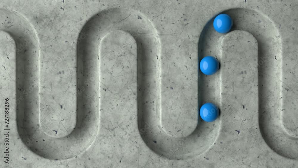Poster blue balls rolling in geometry deepening on a marble background. abstract cycled minimal animation. 