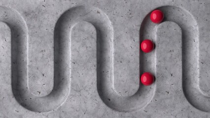 Red balls rolling in geometry deepening on a marble background. Abstract cycled minimal animation. Smooth light, realistic dynamic. Loopable sequence. 3d animation, 4K