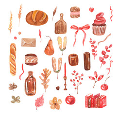Watercolor vintage set. Brown and red colors. Design dried flowers, leafs, red hearts, love, candle, bows, ribbons, vases, branches, leafs, macaron, old letter, cupcake, muffin, bread, apples, books

