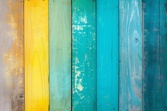Colorful wooden background with vertical wooden slat of different bright colors and copy space. Multicolored boards with a rainbow of colors form a vibrant modern fence with wooden texture