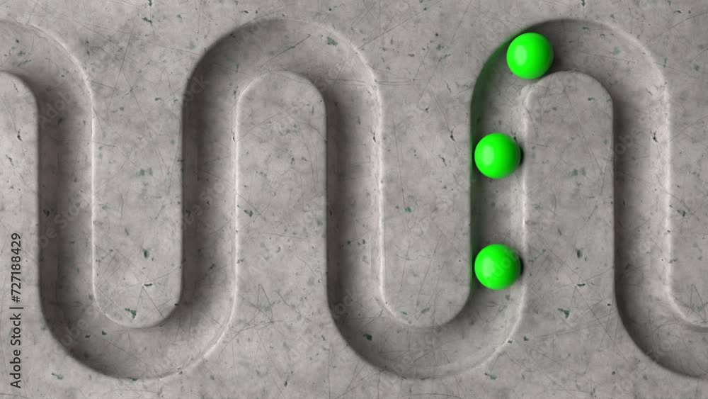 Poster green balls rolling in geometry deepening on a marble background. abstract cycled minimal animation.