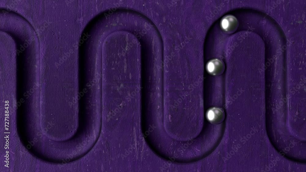 Aufkleber metal balls rolling in geometry deepening on purple wooden background. abstract cycled minimal anima