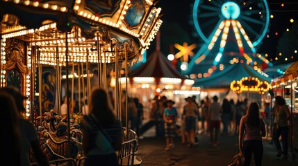 Nighttime Merry Go Round With Illuminated Lights in Motion, Carnival