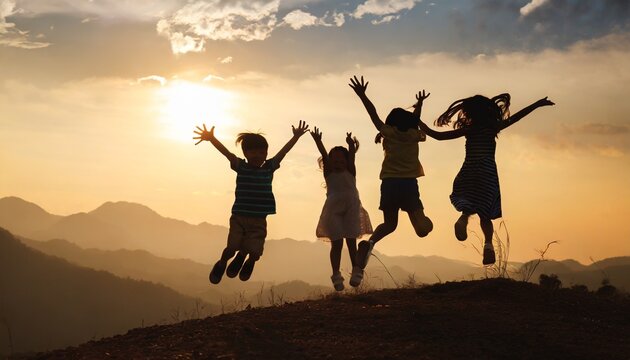 silhouette group of happy children jumping playing on mountain at sunset summer time