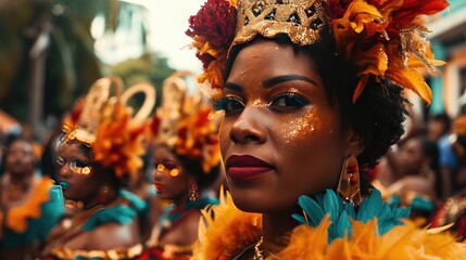 Group of Women in Gold Costumes and Feathers, Carnival