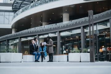 Four colleagues engage in a casual business meeting outdoors, with an urban office building...