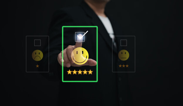 Client or consumer rating service experience on online application. customer review satisfaction feedback survey, evaluating service quality, and its impact on a business's reputation ranking
