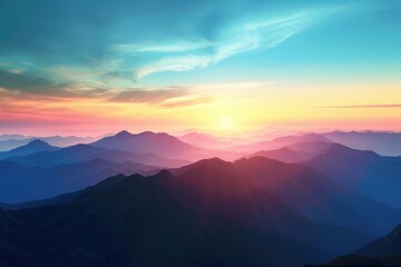 Picturesque panoramic view of mountain range under colorful blue and orange sundown in evening time