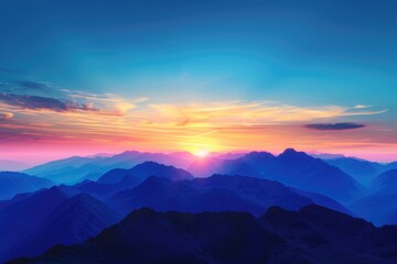 Picturesque panoramic view of mountain range under colorful blue and orange sundown in evening time