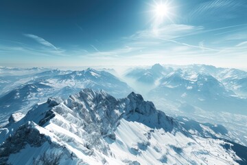 Panorama of Snow Mountain Range Landscape with Blue Sky from Pilatus Peaks Alps Lucern Switzerland