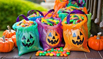 Fototapeta na wymiar olorful trick or treat bags filled with candy for halloween