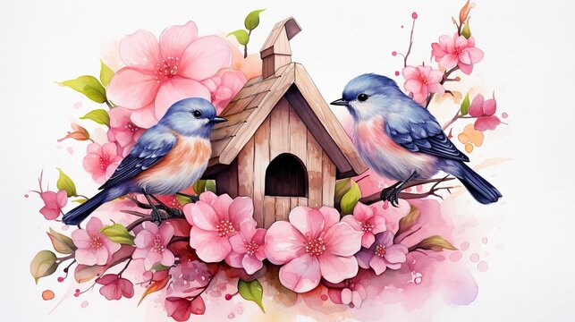 watercolor bird box with flowers and bluebird