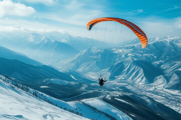 Parachuting over lush green landscape. Paratroopers or parachutist free-falling and descending with parachutes.