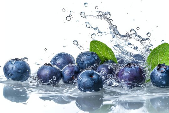 Blueberry and water splash on white background. Wallpaper. Banner. Backdrop