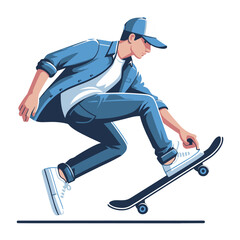 Fototapeta premium Man playing skateboard vector illustration, skateboarding sport game male player in action flat design style template isolated on white background