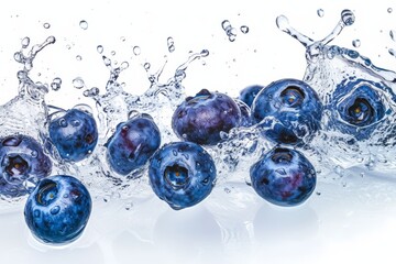 Blueberry and water splash on white background. Wallpaper. Banner. Backdrop