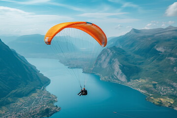 Parachuting over lush green landscape. Paratroopers or parachutist free-falling and descending with parachutes.