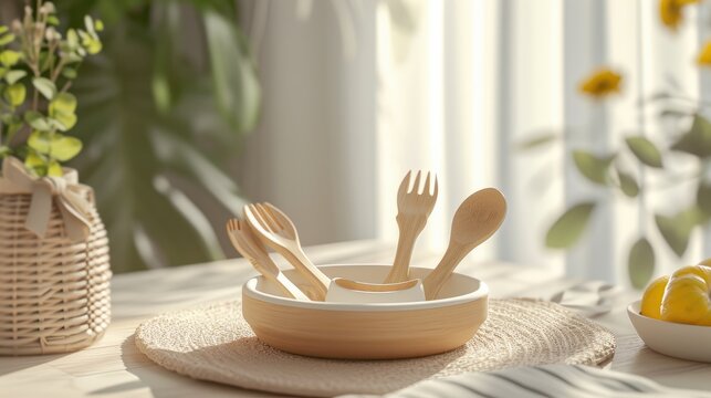 Two Wooden Spoons in a White Bowl on a Blue Towel, Baby Item