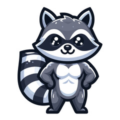 Cute adorable muscle body raccoon cartoon character vector illustration, funny racoon flat design template isolated on white background