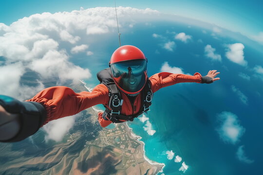 Parachuting  selfie over lush green landscape. Paratroopers or parachutist free-falling and descending with parachutes.