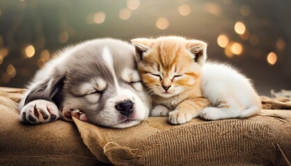 Fototapeta na wymiar cat and dog sleeping puppy and kitten sleep