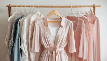 feminine clothes in pastel pink color on hanger on white background elegant dress jumper shirt and other fashion outfit spring cleaning home wardrobe minimal concept