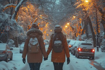 Amidst a fierce winter storm, two bundled figures brave the freezing cold on a snowy street, passing by a line of barren trees and a parked car, their jackets pulled tightly around them as they stand - Powered by Adobe
