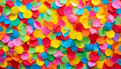 Fototapeta na wymiar brightly colored paper confetti background featuring red yellow blue green orange and bright pink carnival colors