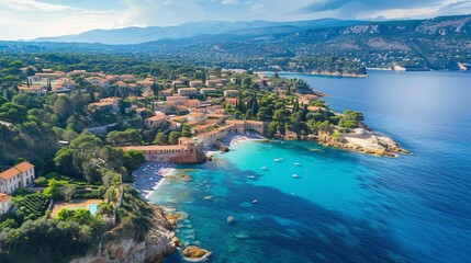 Bird's-eye view of Mediterranean coast of France with historic village area in southern France. - obrazy, fototapety, plakaty