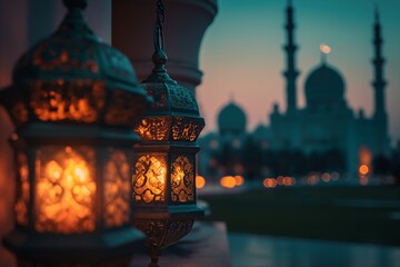 Ethereal Ramadan Night with Glowing Lanterns and Tranquil Mosque