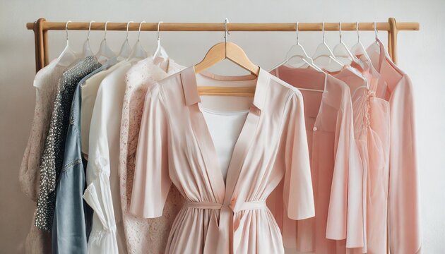 feminine clothes in pastel pink color on hanger on white background elegant dress jumper shirt and other fashion outfit spring cleaning home wardrobe minimal concept