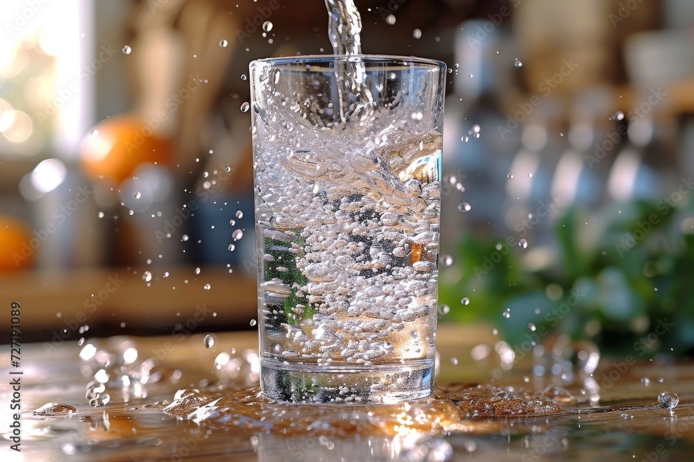 Poster crystal clear liquid cascades gracefully from one glass container to another, creating a mesmerizing