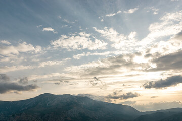 View of mountaine with dramatic sky background.